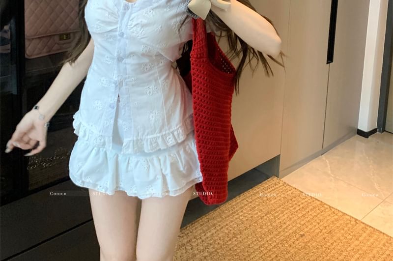 Ruffle Jacquard / V-Neck Short-Sleeve Slim Fit A-Line Mini Skirt Blouse Rise High Trim