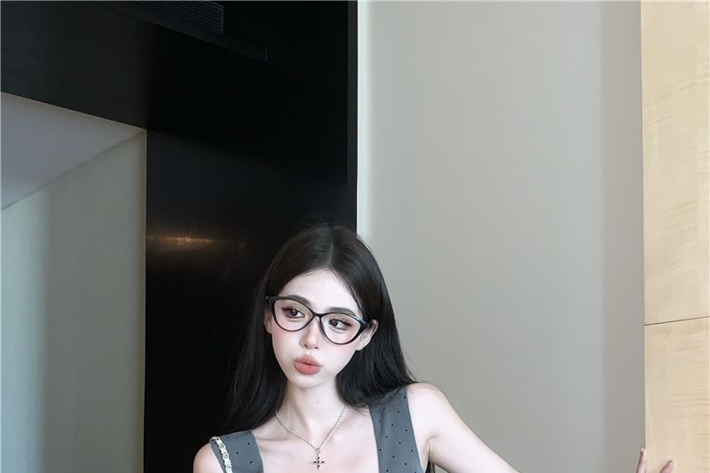 Top Neck / Square Dotted Shorts Hem Crop Bubble Tank High Fit Waist Slim