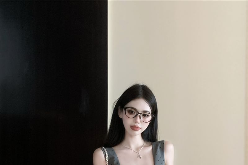 Top Neck / Square Dotted Shorts Hem Crop Bubble Tank High Fit Waist Slim