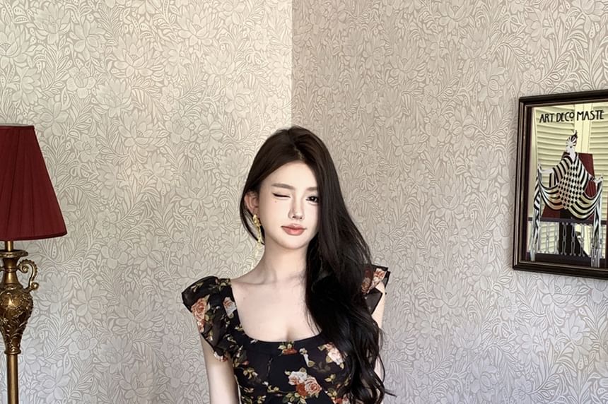 Trim Sheath Floral Maxi Scoop Neck Cap-Sleeve Ruffle Dress