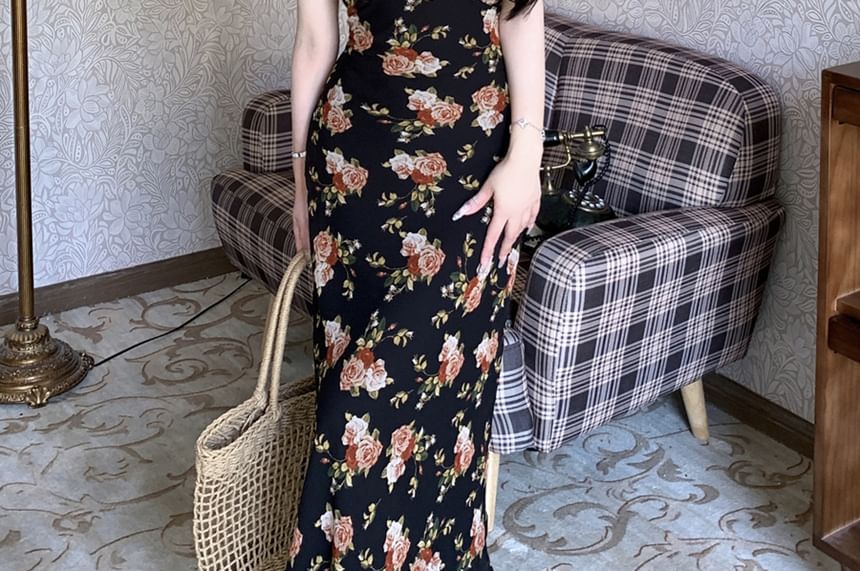 Trim Sheath Floral Maxi Scoop Neck Cap-Sleeve Ruffle Dress