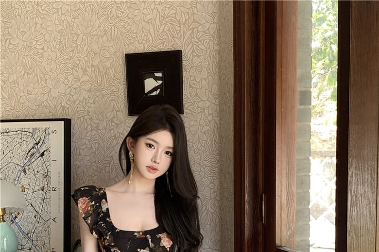 Trim Sheath Floral Maxi Scoop Neck Cap-Sleeve Ruffle Dress