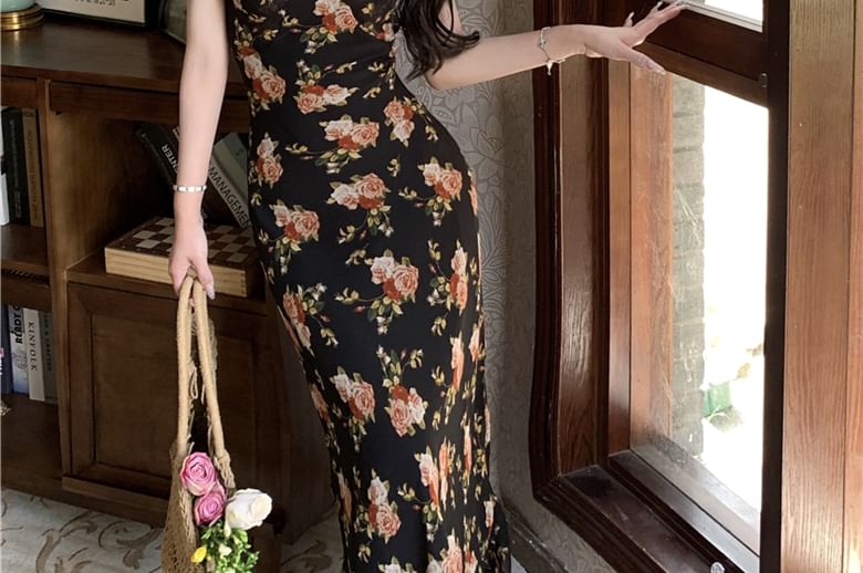 Trim Sheath Floral Maxi Scoop Neck Cap-Sleeve Ruffle Dress