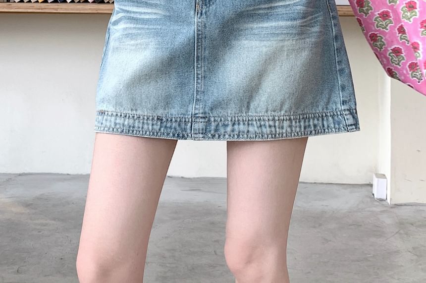 Washed Waist Mini A-Line Denim High Skirt