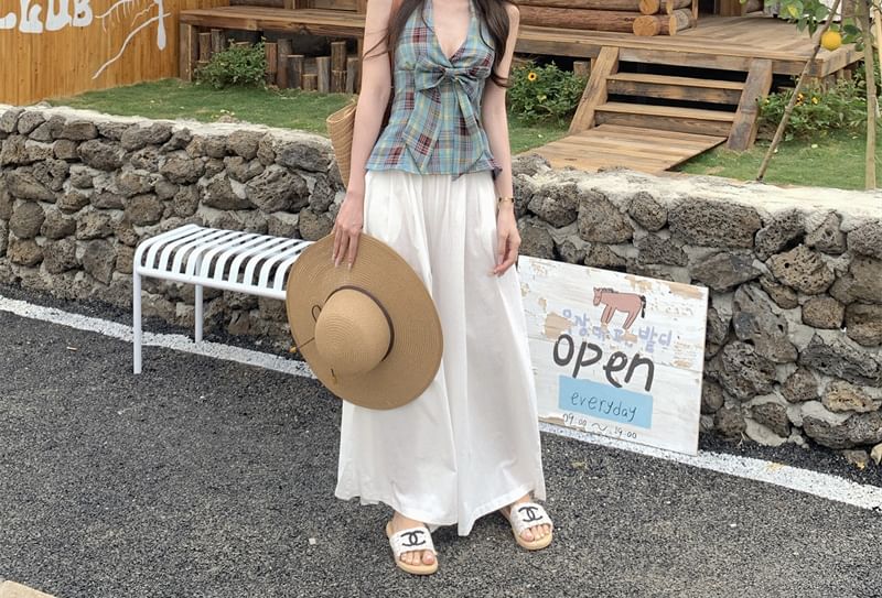 Tank Plaid High / Bow Peplum Halter Culottes Top Plain Waist