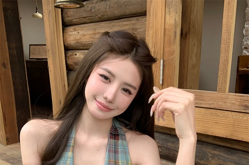 Tank Plaid High / Bow Peplum Halter Culottes Top Plain Waist