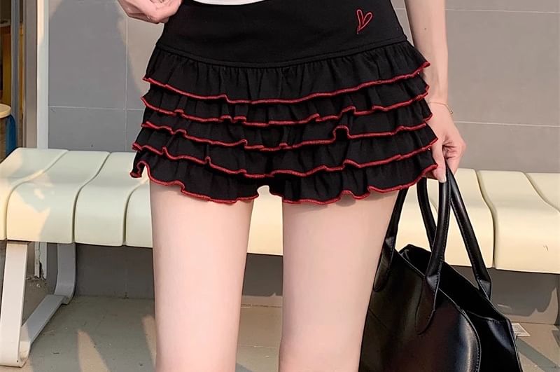 Tee Fit Lettering Slim Dotted Tiered / Skort Waist Cap-Sleeve High Off-Shoulder