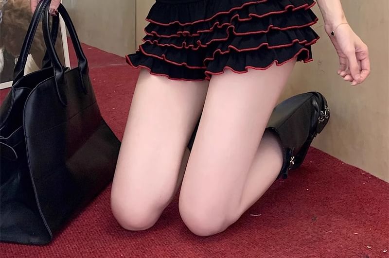 Tee Fit Lettering Slim Dotted Tiered / Skort Waist Cap-Sleeve High Off-Shoulder