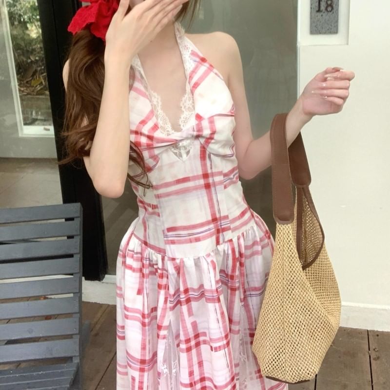 Lace Midi Halter Open A-Line Dress Panel Back Plaid