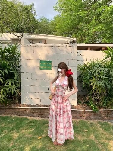 Lace Midi Halter Open A-Line Dress Panel Back Plaid