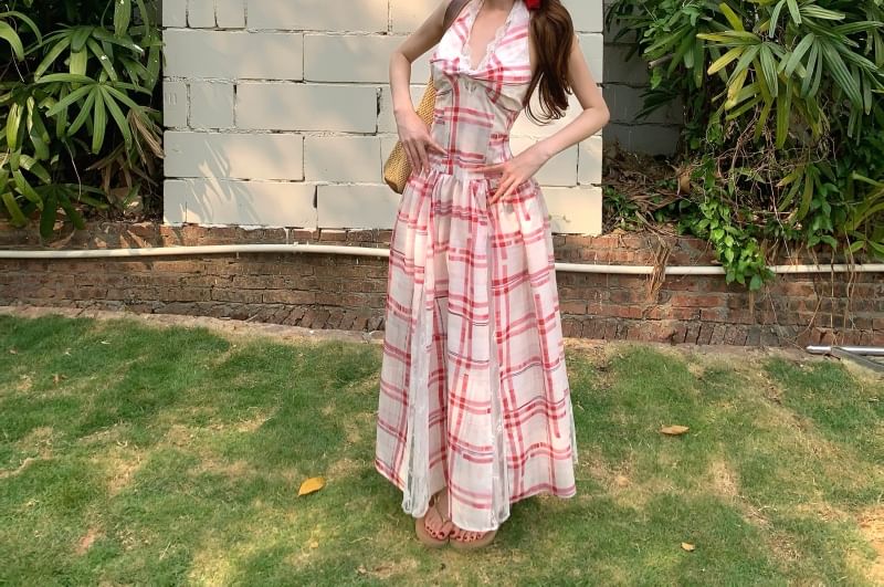 Lace Midi Halter Open A-Line Dress Panel Back Plaid