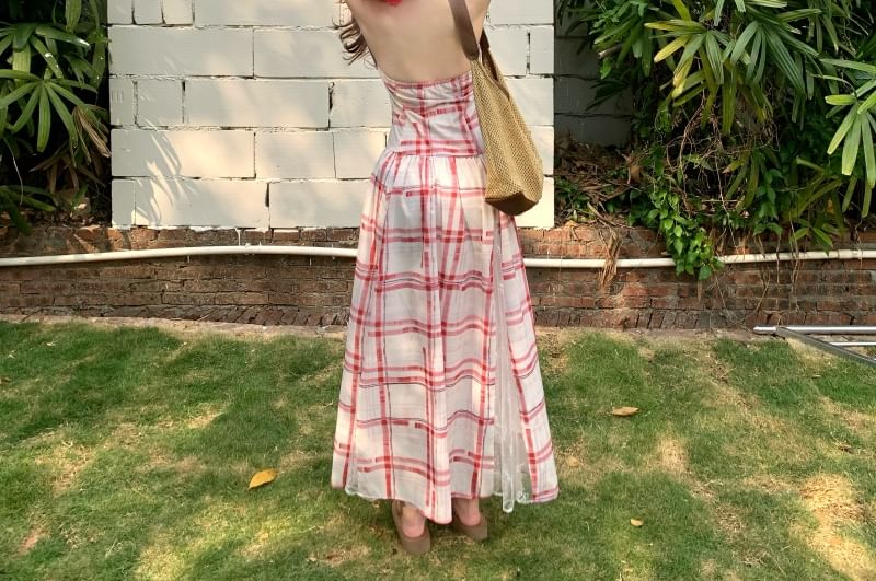 Lace Midi Halter Open A-Line Dress Panel Back Plaid