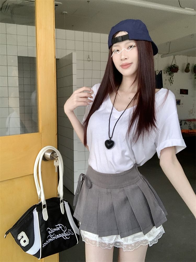 High Bow Skirt Mini Lace Waist Pleated A-Line Panel