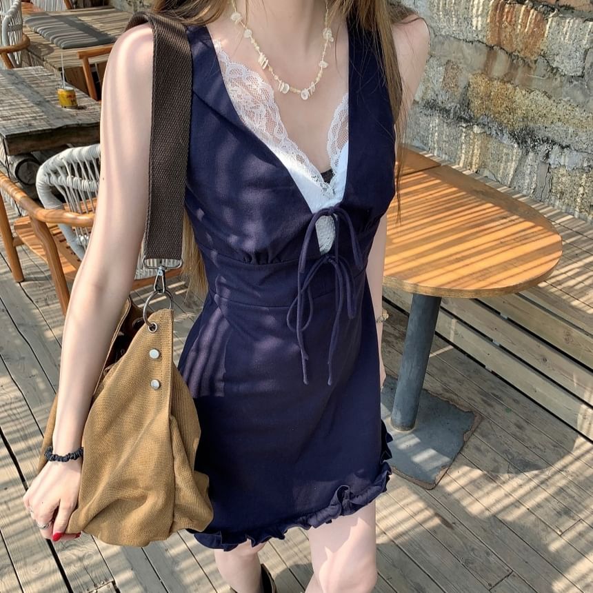 Dress Lace Sleeveless Panel Bow A-Line Mini V-Neck