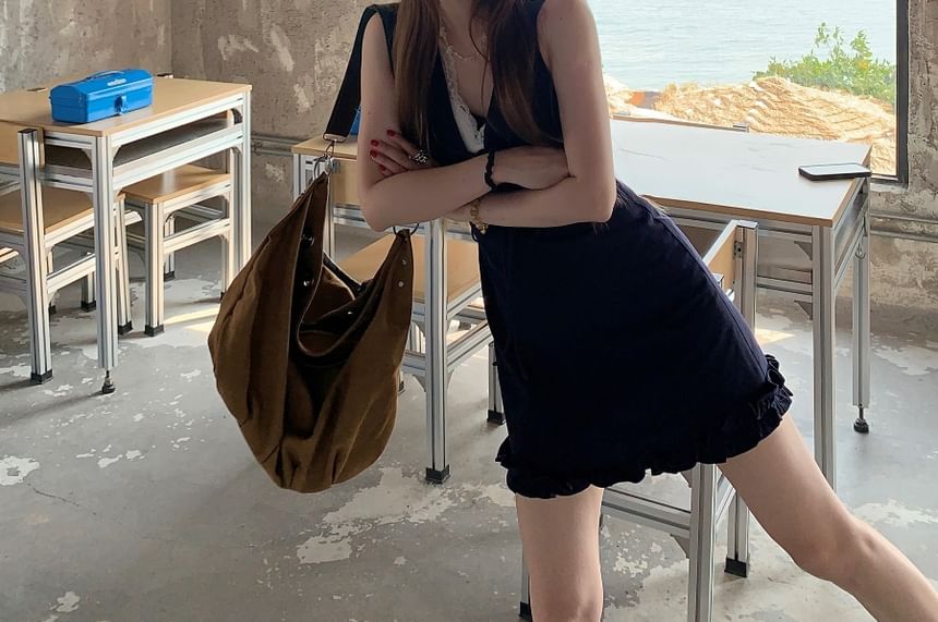 Dress Lace Sleeveless Panel Bow A-Line Mini V-Neck