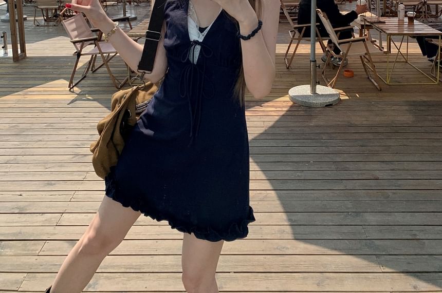 Dress Lace Sleeveless Panel Bow A-Line Mini V-Neck