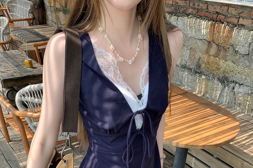 Dress Lace Sleeveless Panel Bow A-Line Mini V-Neck