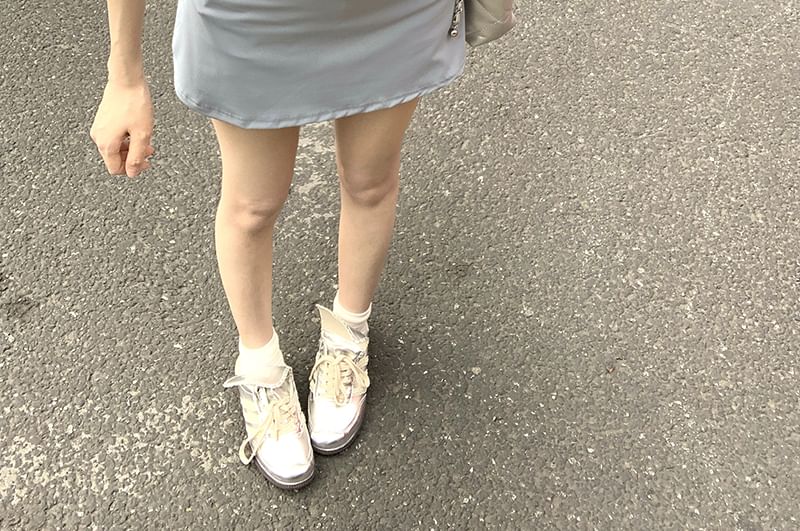 Skirt Waist Slim + High A-Line Set: Neck Fit Mini Tee Zip Plain Short-Sleeve Mock