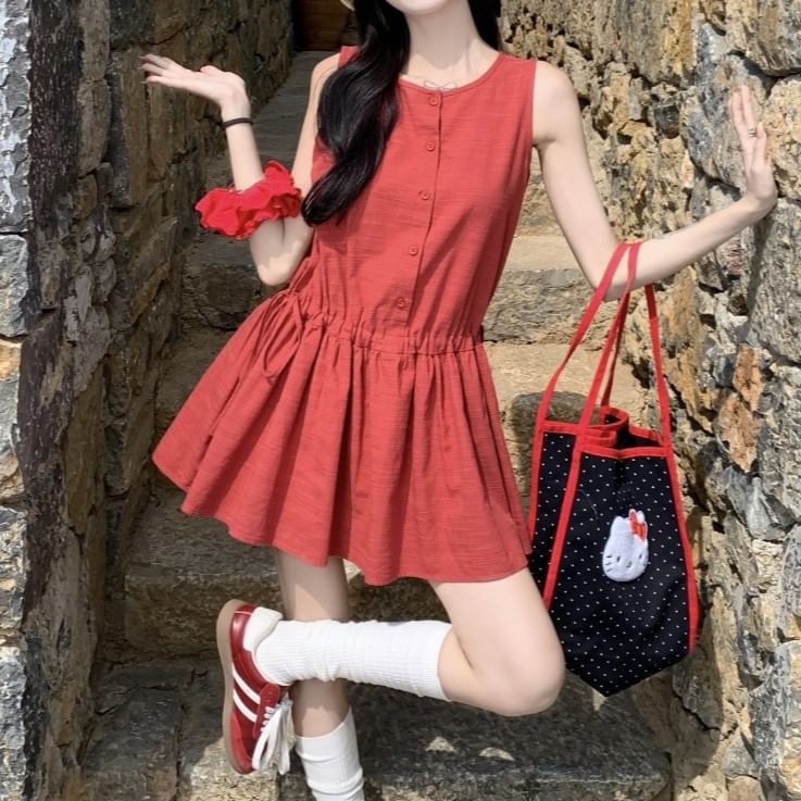 A-Line Dress Button Round Sleeveless Neck Plain Mini