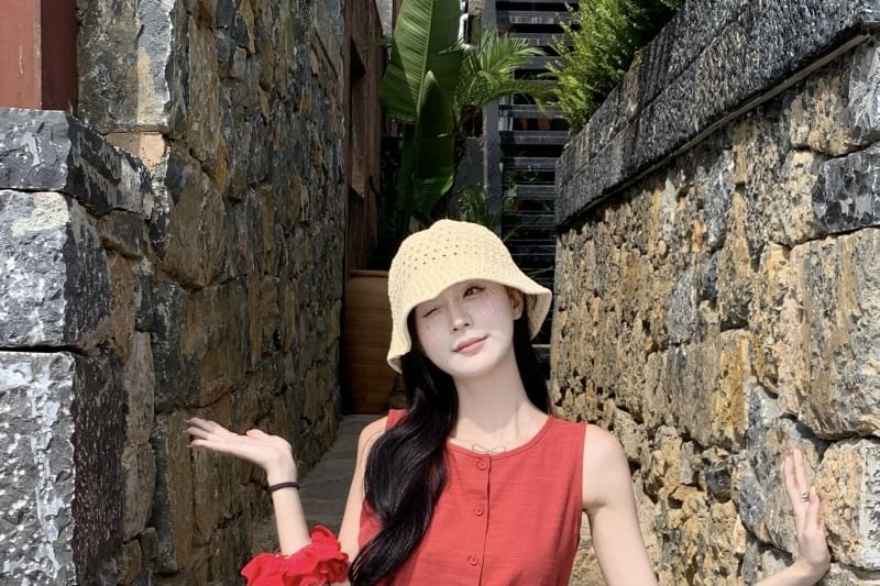 A-Line Dress Button Round Sleeveless Neck Plain Mini