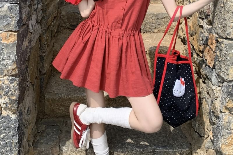 A-Line Dress Button Round Sleeveless Neck Plain Mini