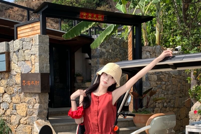 A-Line Dress Button Round Sleeveless Neck Plain Mini