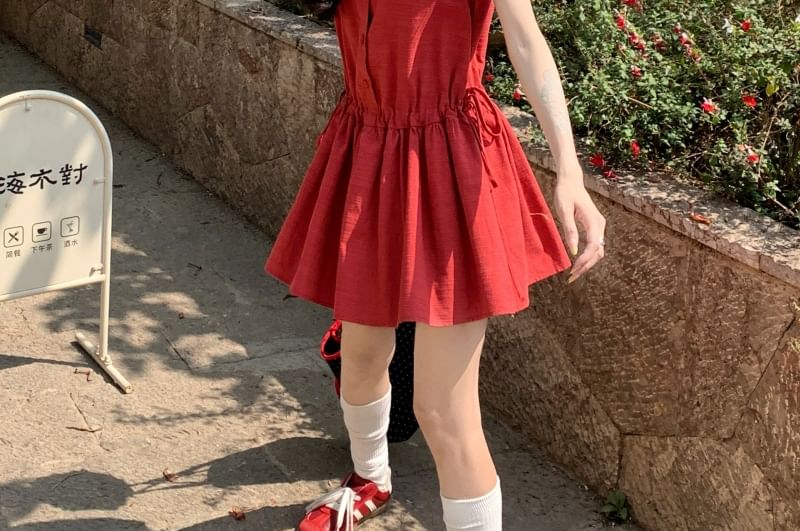 A-Line Dress Button Round Sleeveless Neck Plain Mini