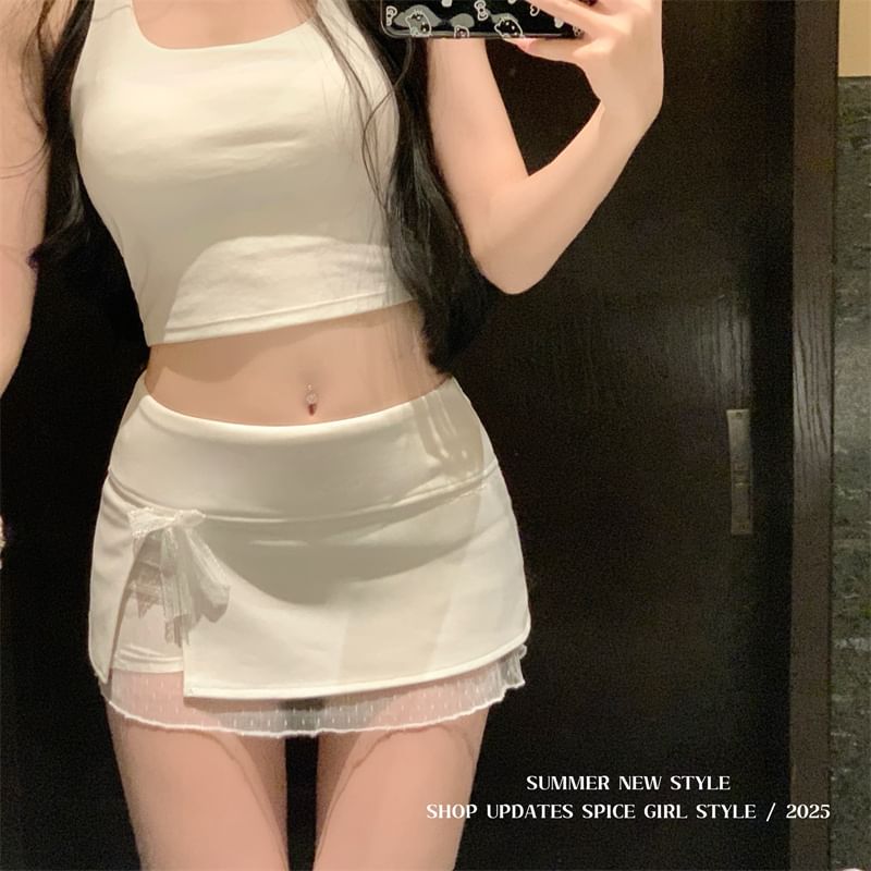 Pencil Skirt Mini Panel Mid Bow Lace Waist