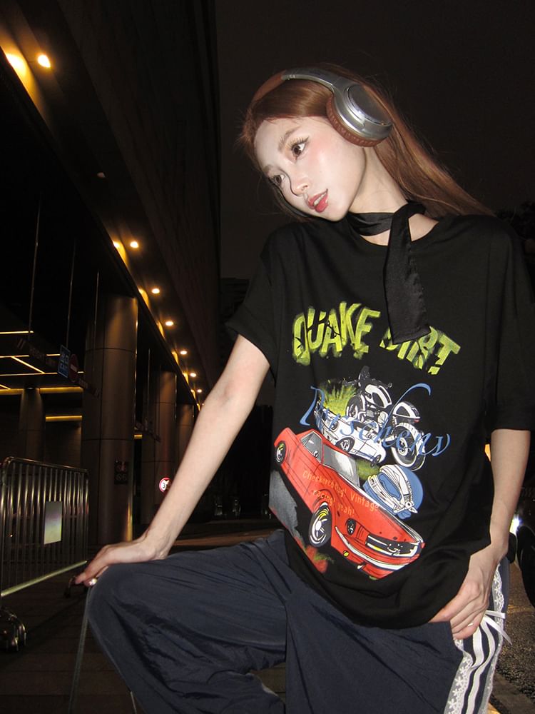 / Mini Neck Round Bodycon Short-Sleeve Tee Spaghetti Dress Print Strap Graphic