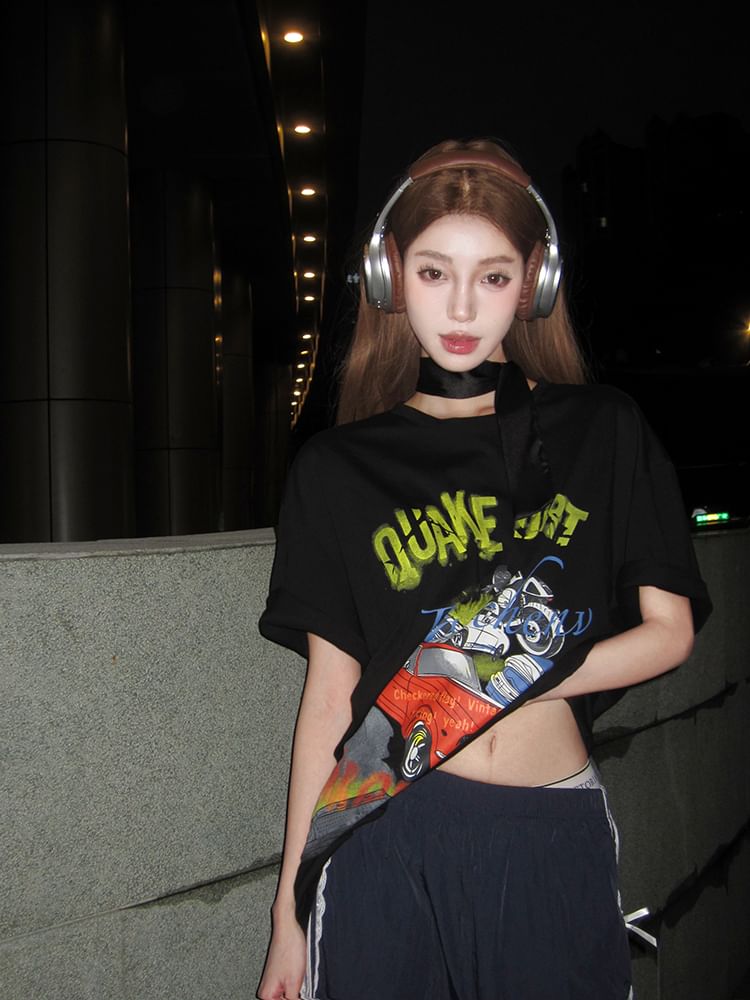 / Mini Neck Round Bodycon Short-Sleeve Tee Spaghetti Dress Print Strap Graphic