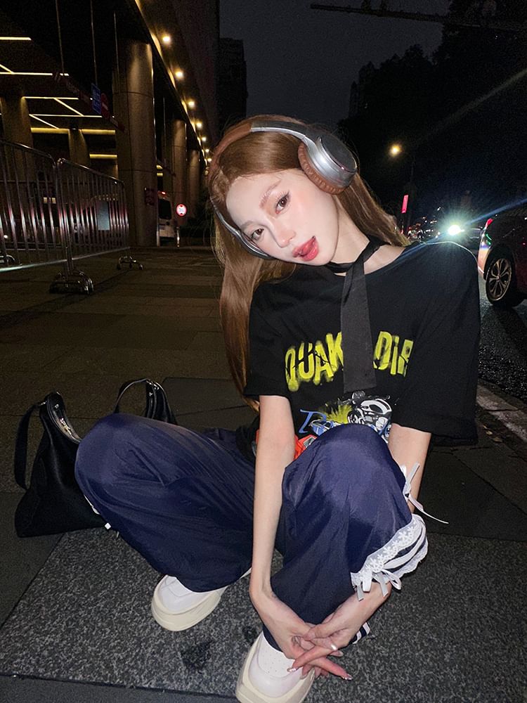 / Mini Neck Round Bodycon Short-Sleeve Tee Spaghetti Dress Print Strap Graphic