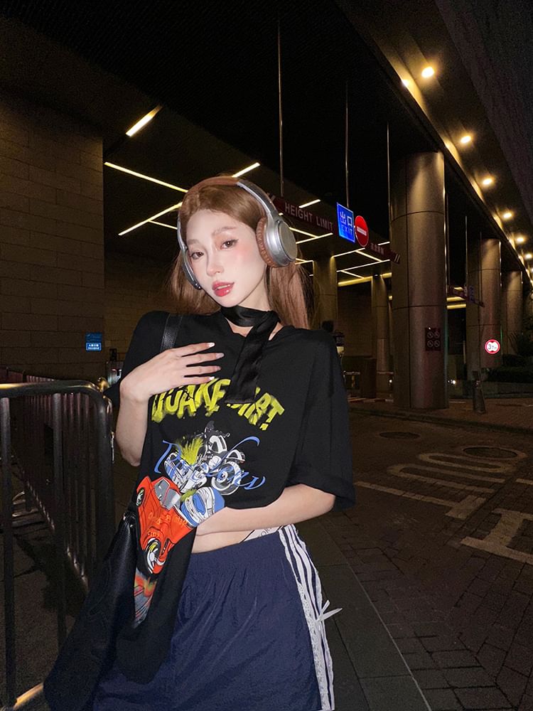 / Mini Neck Round Bodycon Short-Sleeve Tee Spaghetti Dress Print Strap Graphic