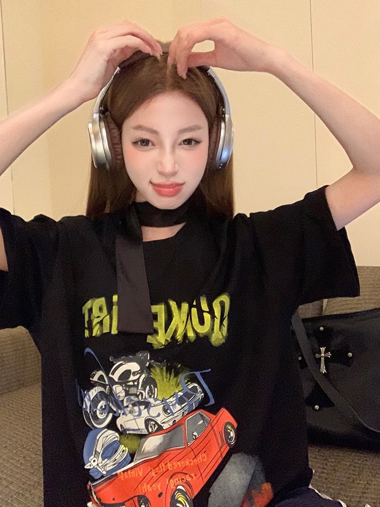 / Mini Neck Round Bodycon Short-Sleeve Tee Spaghetti Dress Print Strap Graphic