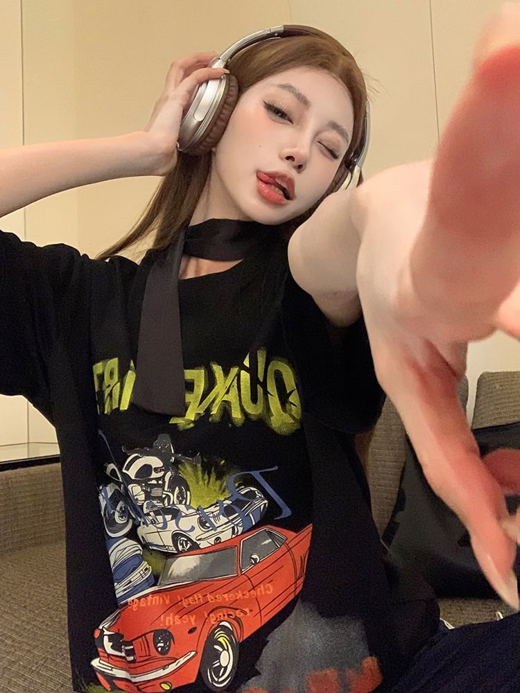 / Mini Neck Round Bodycon Short-Sleeve Tee Spaghetti Dress Print Strap Graphic