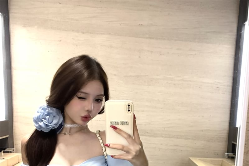 Off-Shoulder Puff-Sleeve Plain Slim Bow Fit Top