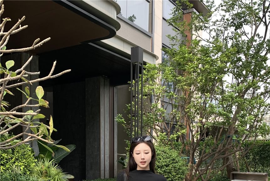 Short-Sleeve Slim Mid / Tee Maxi Skirt Fit Crop Mock Plain Neck A-Line Waist