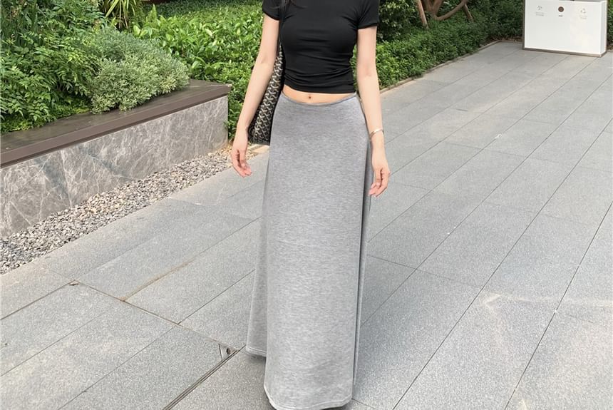 Short-Sleeve Slim Mid / Tee Maxi Skirt Fit Crop Mock Plain Neck A-Line Waist