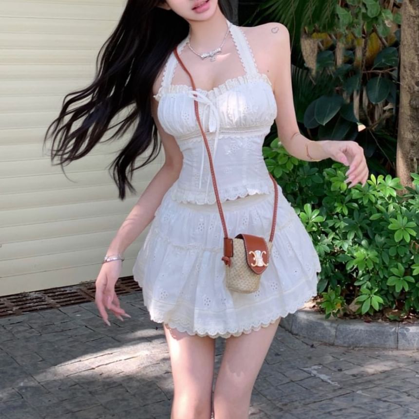 Bow Top Plain Elastic Tiered Crop Waist Slim Mini Halter A-Line Fit / Skirt