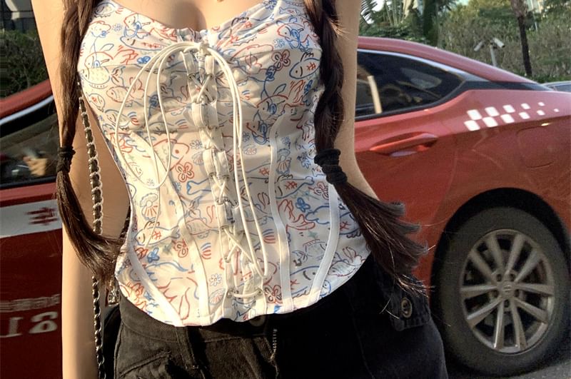 Slim Camisole Top Fit Print Lace-Up Cartoon