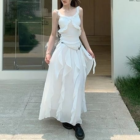 A-Line / Trim Ruffle Fit Midi Skirt Elastic Tank Top Slim Asymmetrical Plain Waist