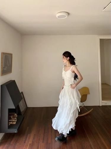 A-Line / Trim Ruffle Fit Midi Skirt Elastic Tank Top Slim Asymmetrical Plain Waist