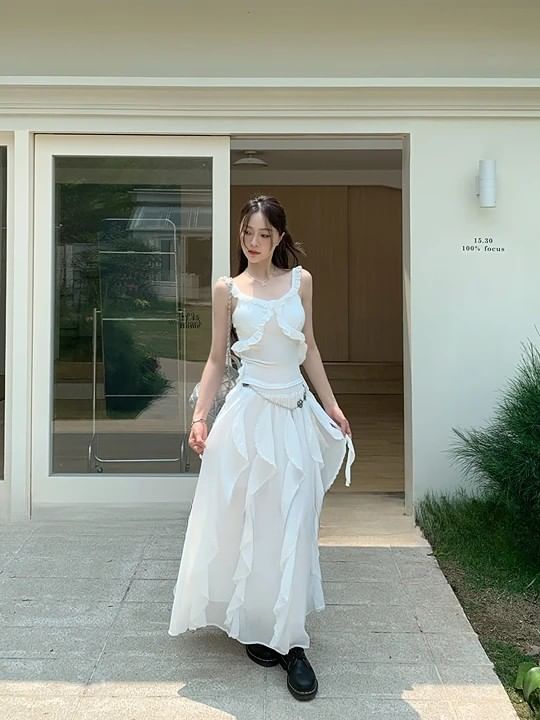 A-Line / Trim Ruffle Fit Midi Skirt Elastic Tank Top Slim Asymmetrical Plain Waist