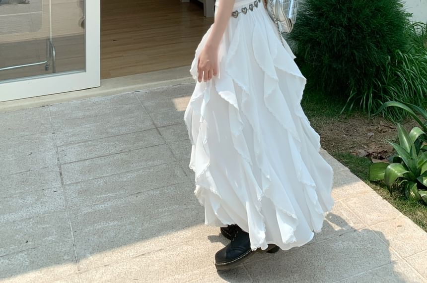 A-Line / Trim Ruffle Fit Midi Skirt Elastic Tank Top Slim Asymmetrical Plain Waist