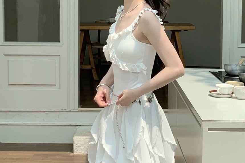 A-Line / Trim Ruffle Fit Midi Skirt Elastic Tank Top Slim Asymmetrical Plain Waist