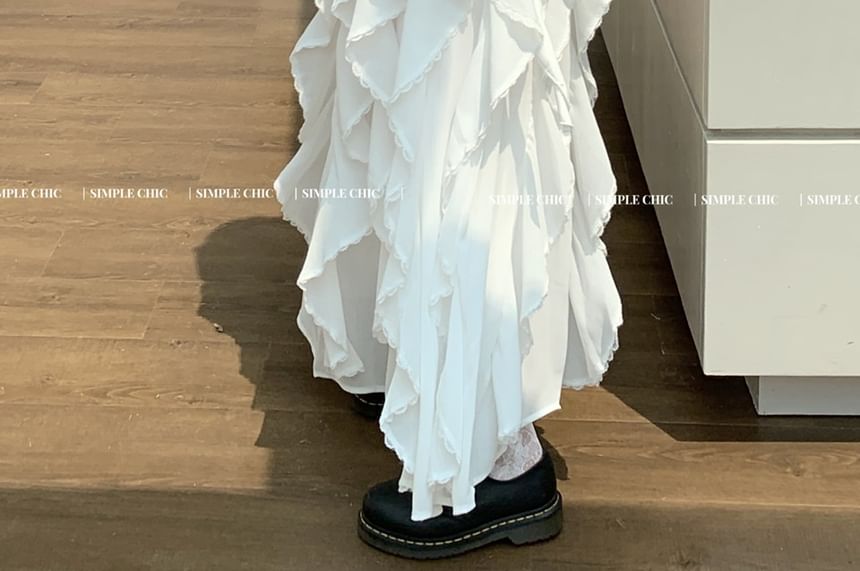 A-Line / Trim Ruffle Fit Midi Skirt Elastic Tank Top Slim Asymmetrical Plain Waist