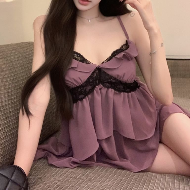 Ruffle Cami Flowy Top Lace Trim Panel