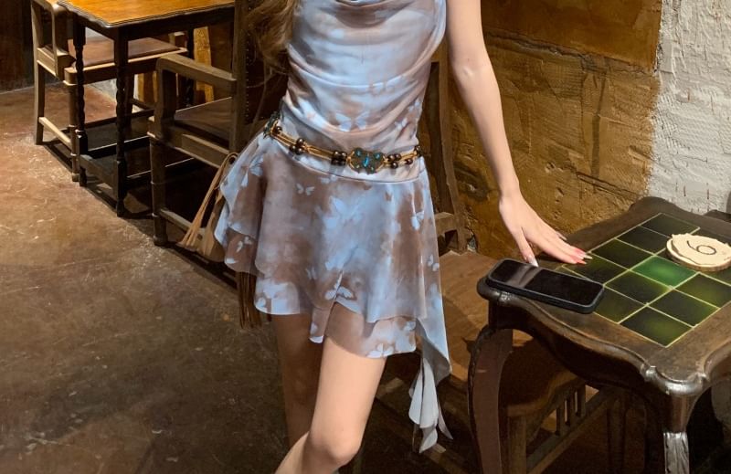 Mini Butterfly Asymmetrical Neck Print Dress Spaghetti A-Line Cowl Strap
