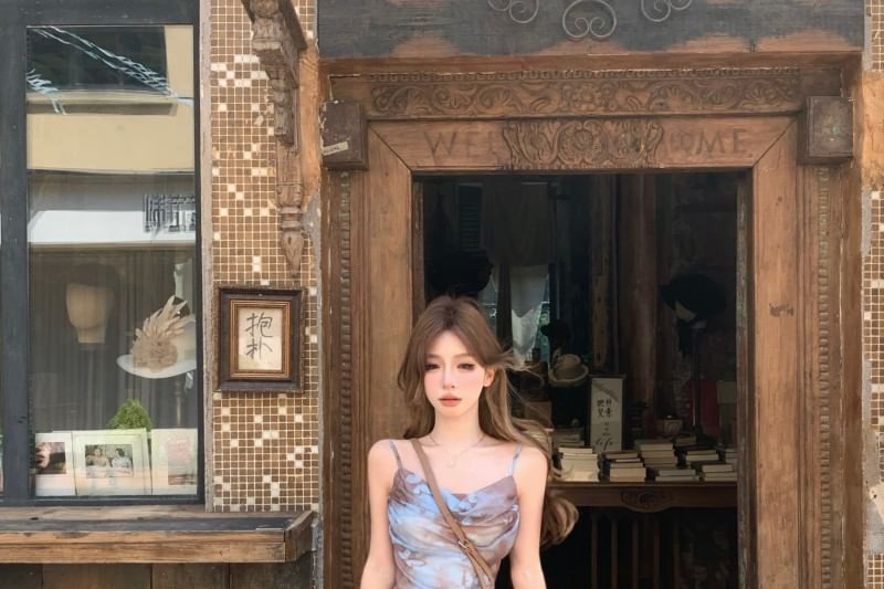 Mini Butterfly Asymmetrical Neck Print Dress Spaghetti A-Line Cowl Strap