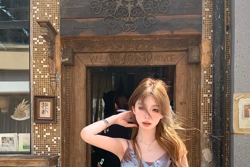 Mini Butterfly Asymmetrical Neck Print Dress Spaghetti A-Line Cowl Strap