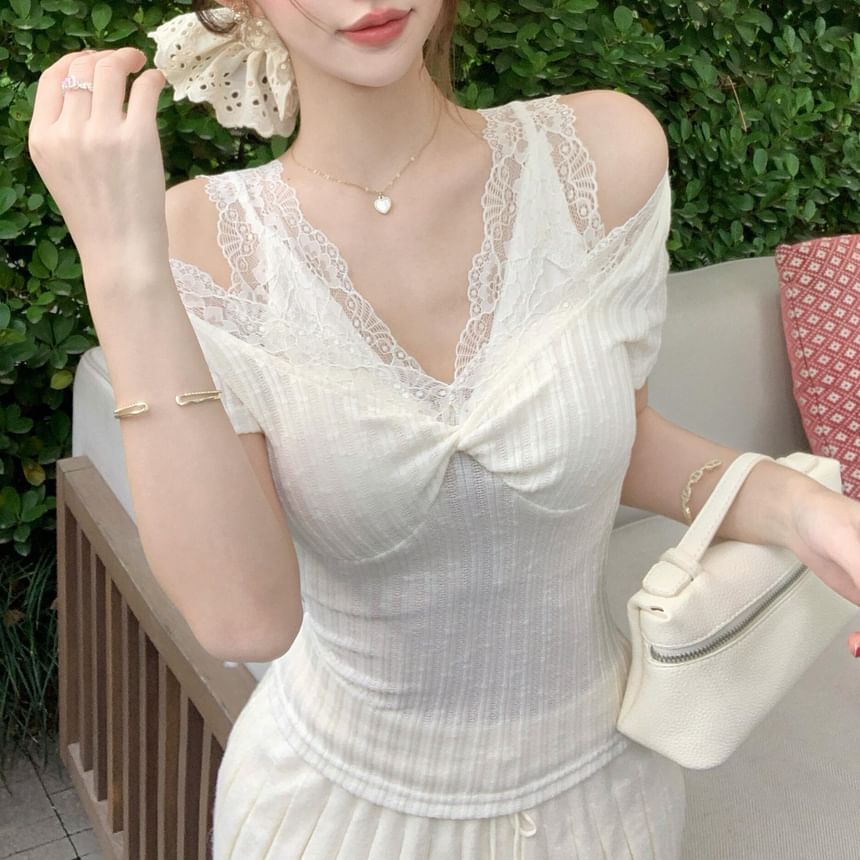 Ribbed Lace Plain Tee Short-Sleeve Trim Cold-Shoulder Slim Fit V-Neck